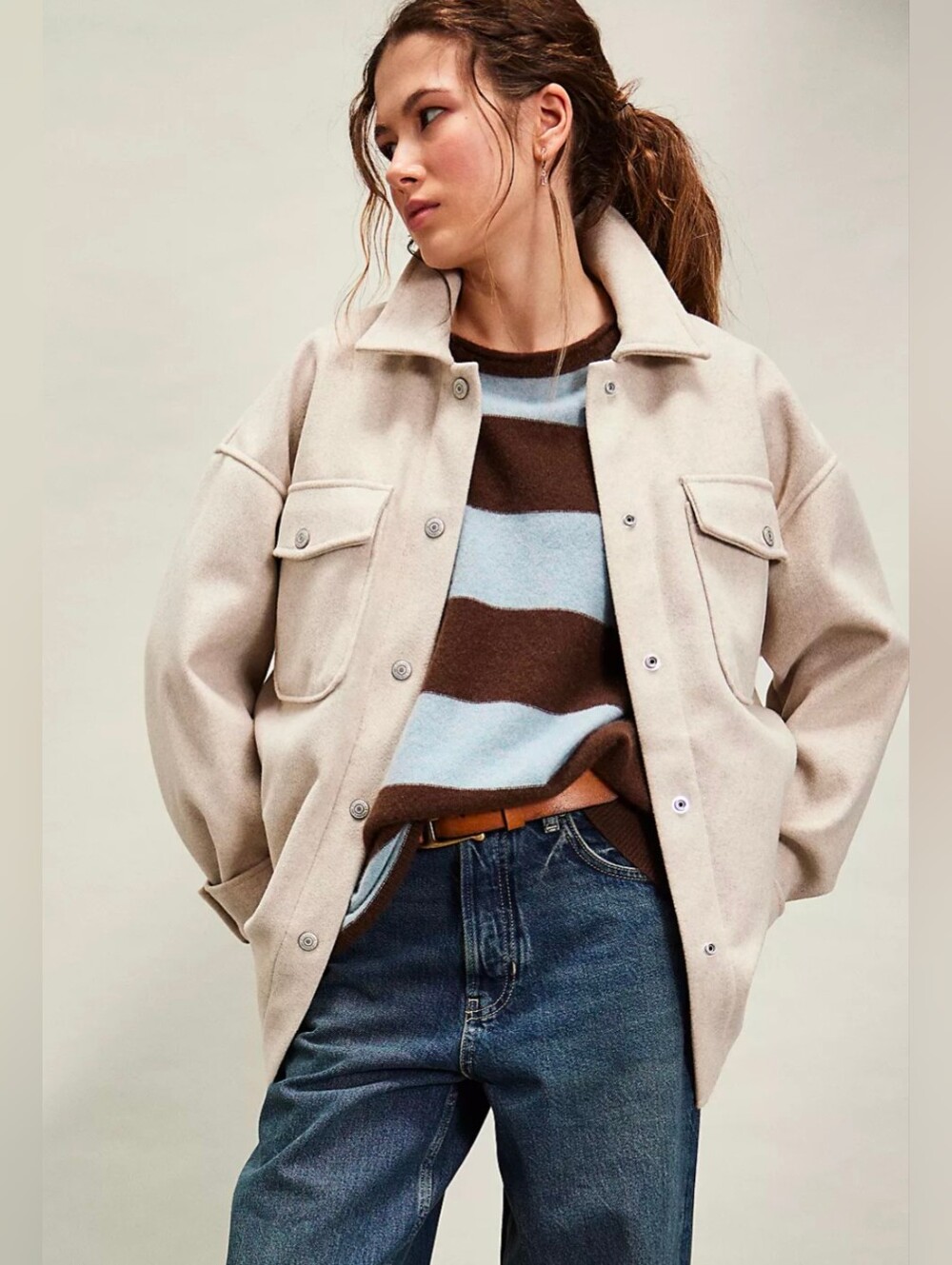 NWOT Free People We The Free Lola Shirt Jacket Size XL in Stone - Oversized